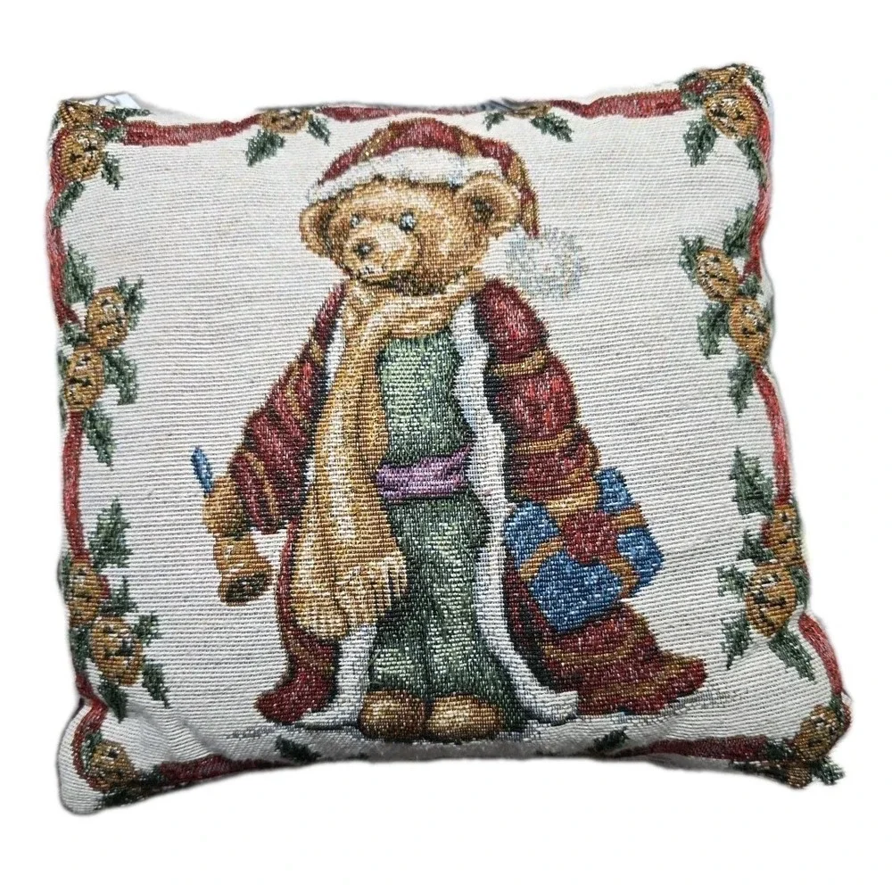 Tapestry Christmas Teddy Bear Santa‎ Jingle Bells Pillow 12